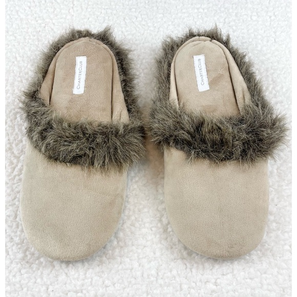 CHARTER CLUB • Cream/Brown Faux Fur Trimmed House Slippers - Picture 11 of 16